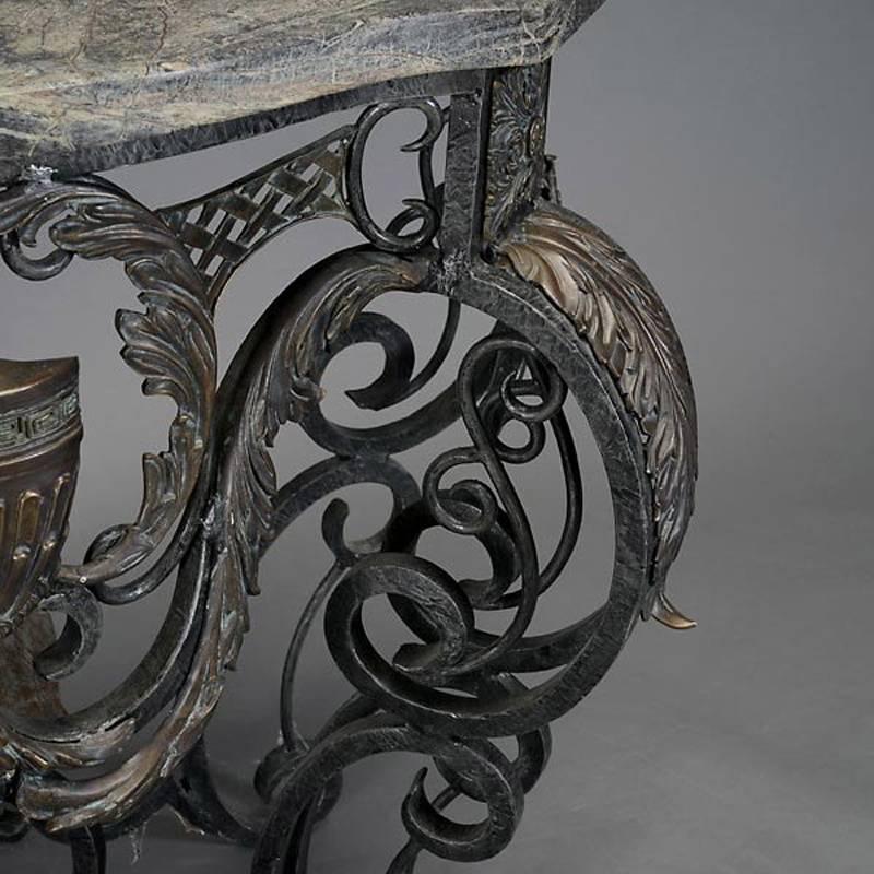 20th Century Pair Baroque Style Bronze and Iron Consoles with Marble Tops