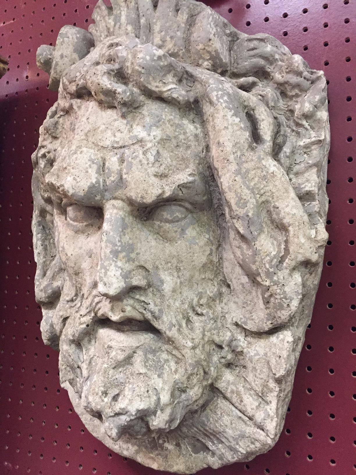 Impressive large pair of Italian cast stone wall mask sculptures of mythical faces. Garden decor.
Late 19th century. 




