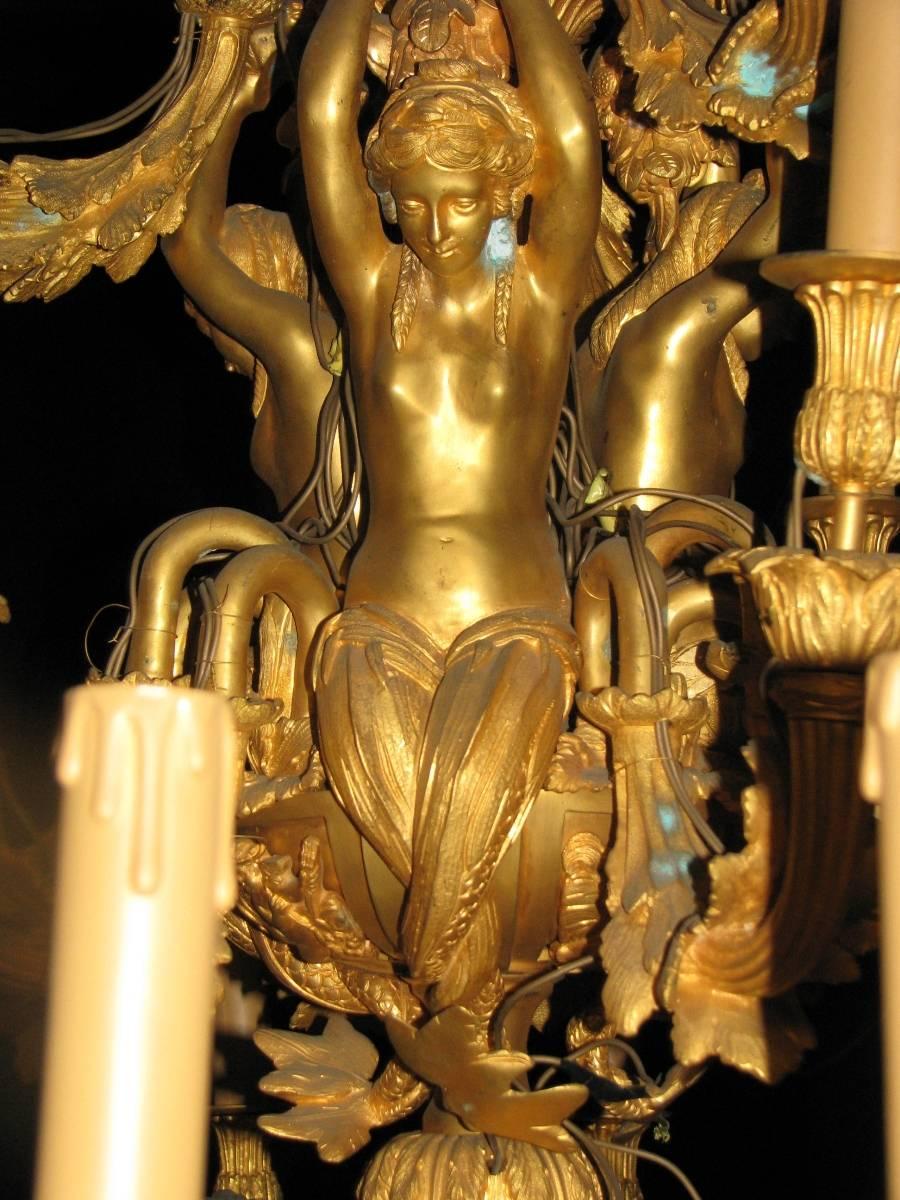 French Pair of Louis XV Style Thirty-Three-Light Ormolu Figural Chandeliers For Sale