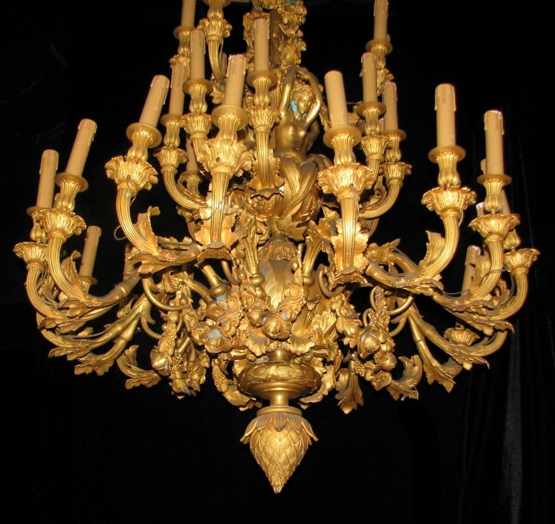 Pair of Louis XV Style Thirty-Three-Light Ormolu Figural Chandeliers For Sale 3