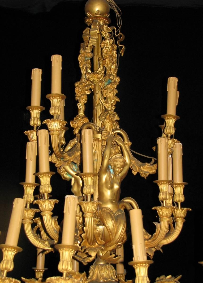 Pair of Louis XV Style Thirty-Three-Light Ormolu Figural Chandeliers For Sale 4