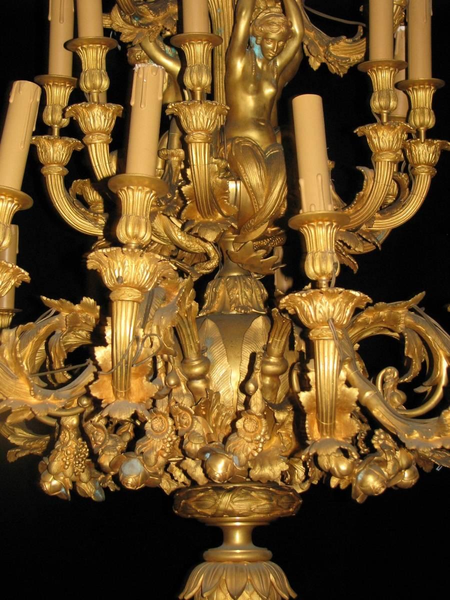 Extravagant pair of Louis XV style thirty-three-light ormolu figural chandeliers, 20th century. The top ball is surrounded by beautifully decorated ormolu bows with intertwining floral garlands descending down central stem towards three graces with