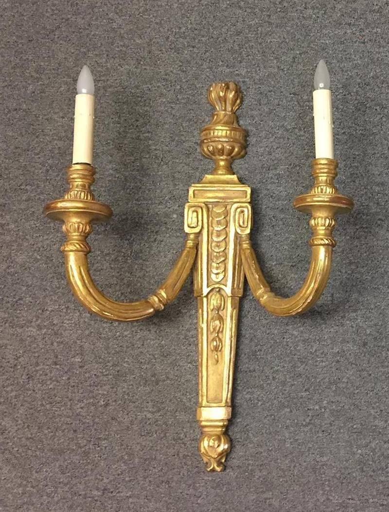 20th Century Large Pair of Italian Neoclassical Style Giltwood Sconces For Sale