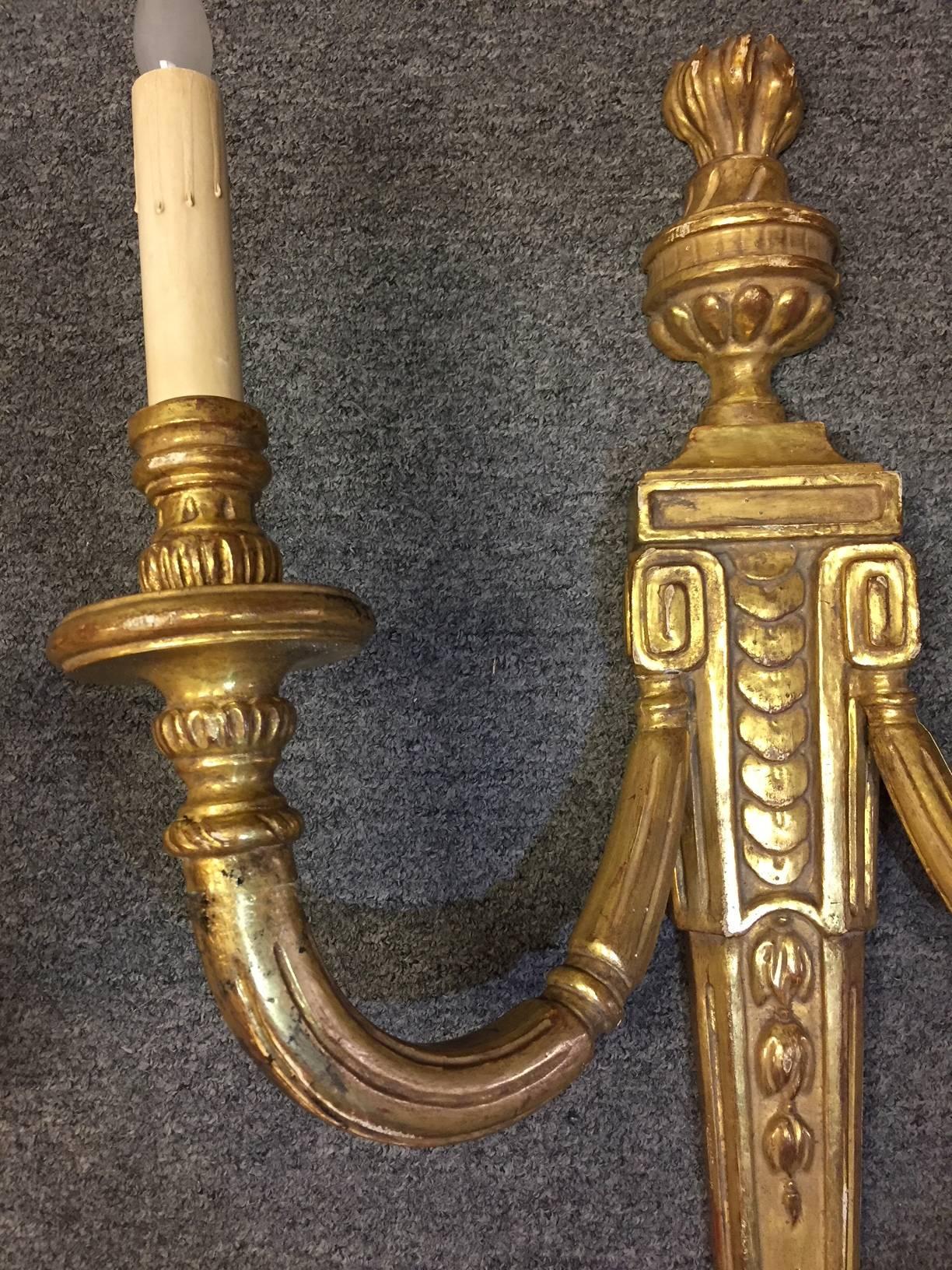 Large Pair of Italian Neoclassical Style Giltwood Sconces In Good Condition For Sale In Cypress, CA