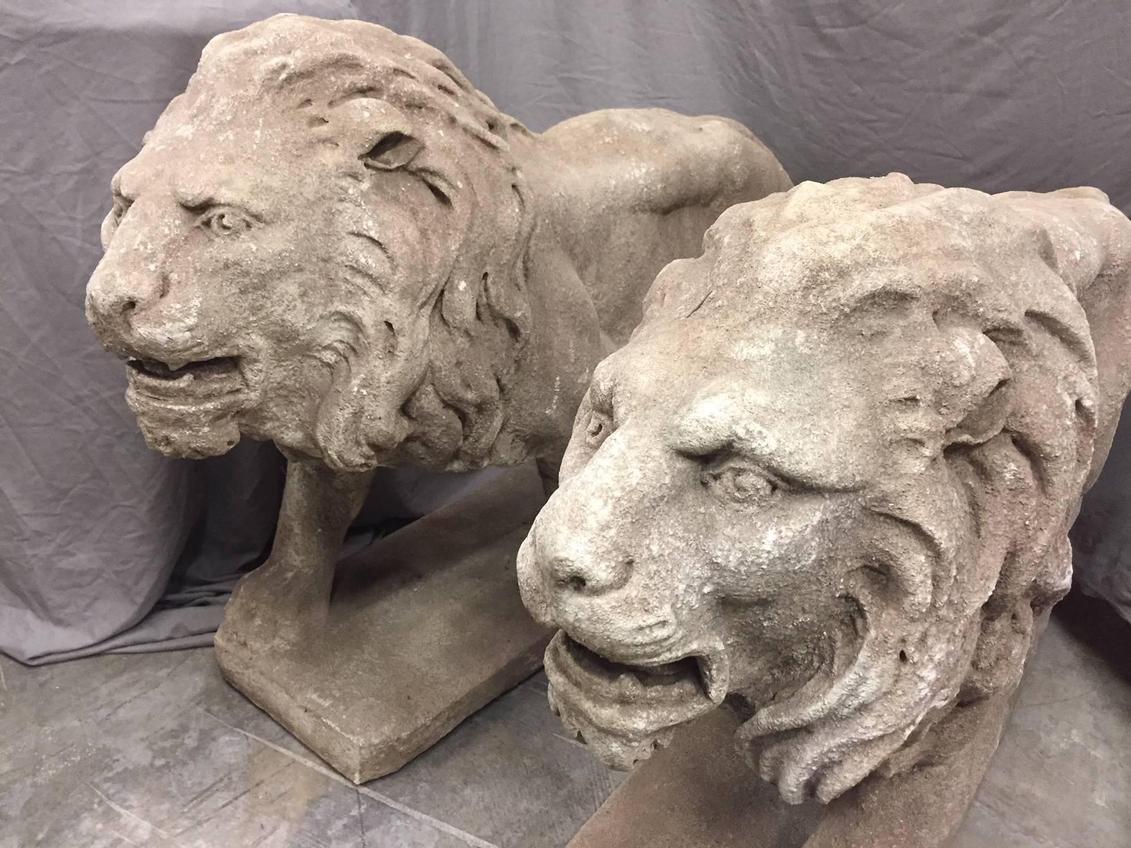 Pair of Italian Cast Stone Standing Lions 1