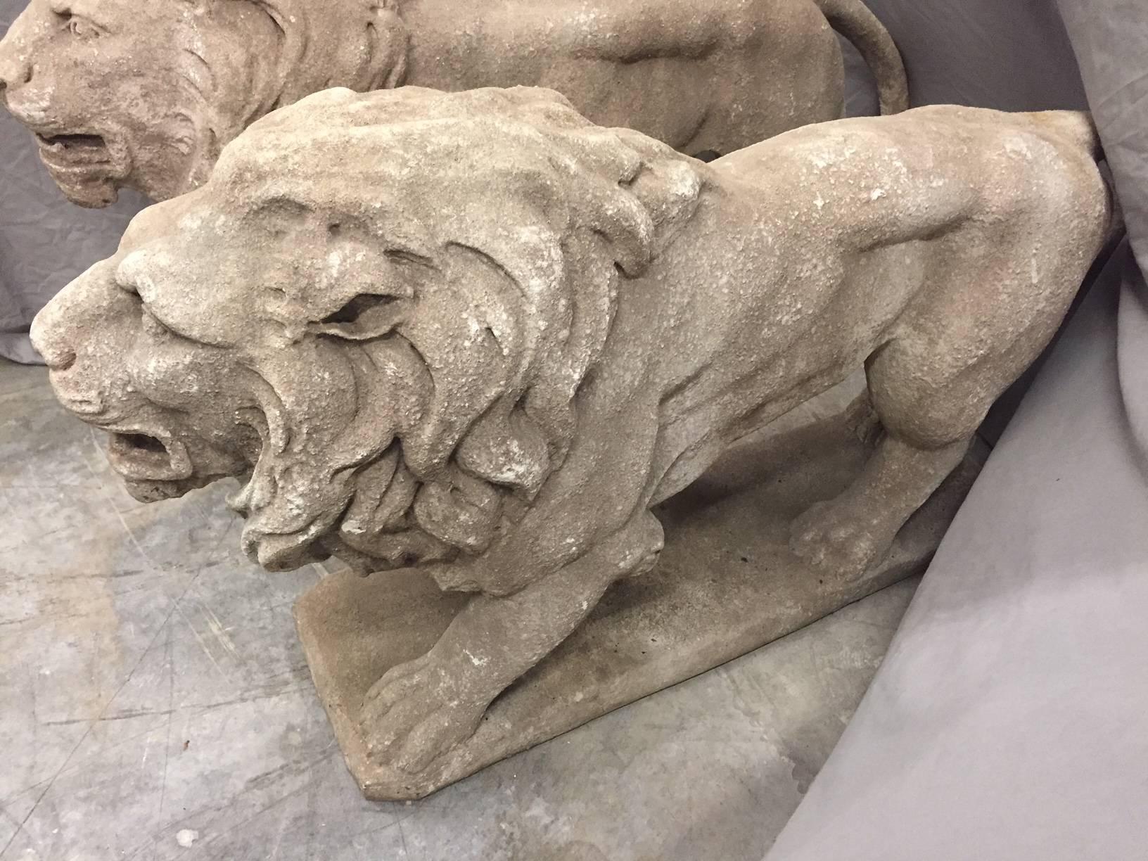 20th Century Pair of Italian Cast Stone Standing Lions