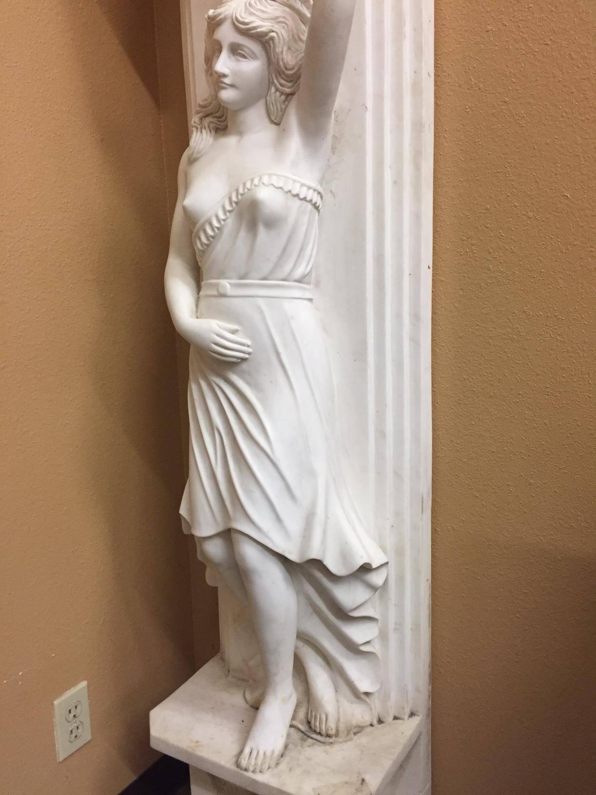 Large Italian neoclassical style hand-carved white marble figural panel of standing maiden dressed in robes. 

 