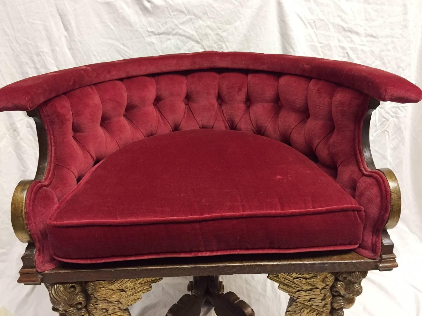 Extravagant 19th century Italian Baroque style carved giltwood and upholstered ladies chair. The carved parcel-gilt back decorated with giltwood scrolling acanthus leaf motif over three beautifully crafted angel legs conjoined by Y-form stretcher,