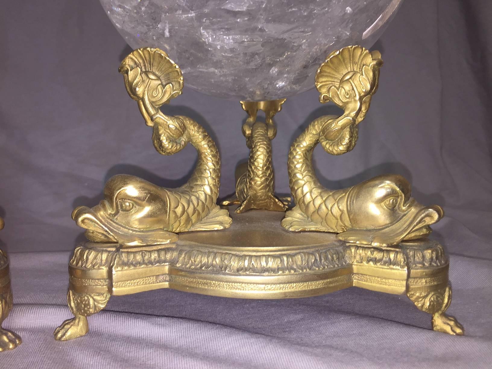 European Pair of Neoclassical Rock Crystal Spheres on Bronze Bases For Sale