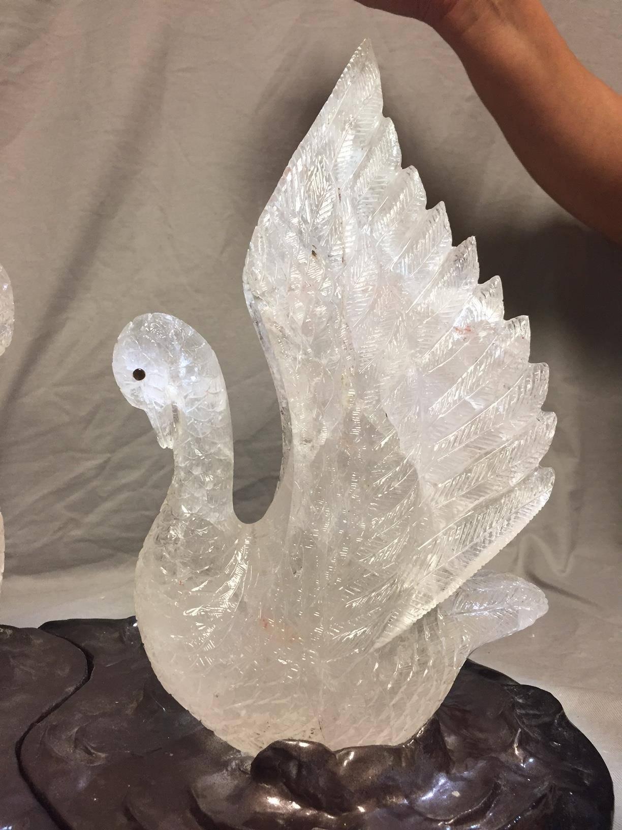 Metal Rock Crystal Swan Group in Pond Centerpiece, Modern Style For Sale