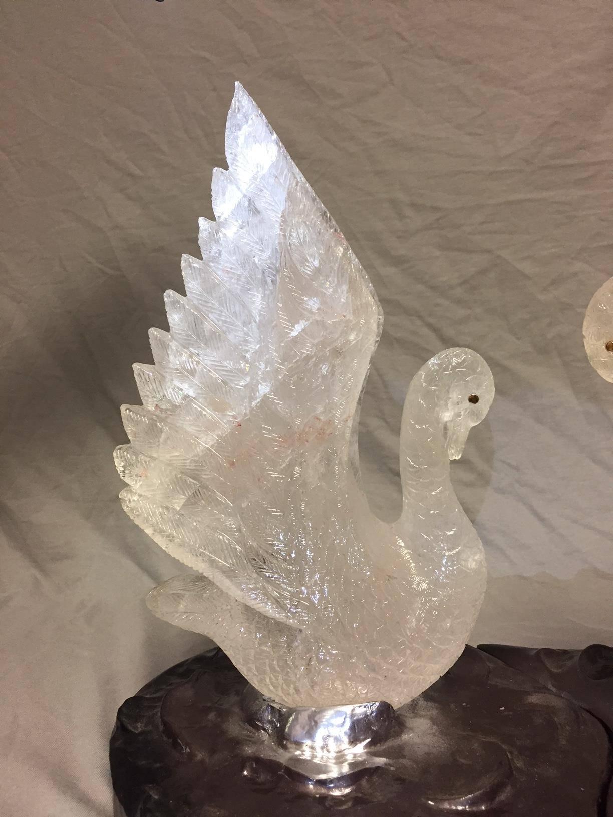 Contemporary Rock Crystal Swan Group in Pond Centerpiece, Modern Style For Sale