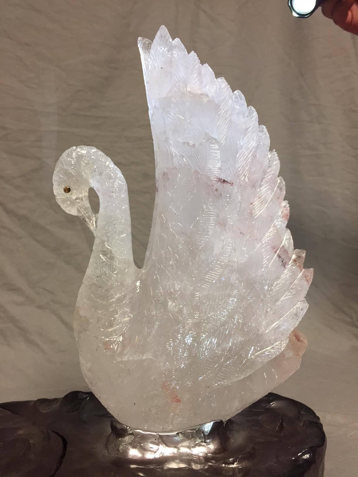 Rock Crystal Swan Group in Pond Centerpiece, Modern Style In Excellent Condition For Sale In Cypress, CA