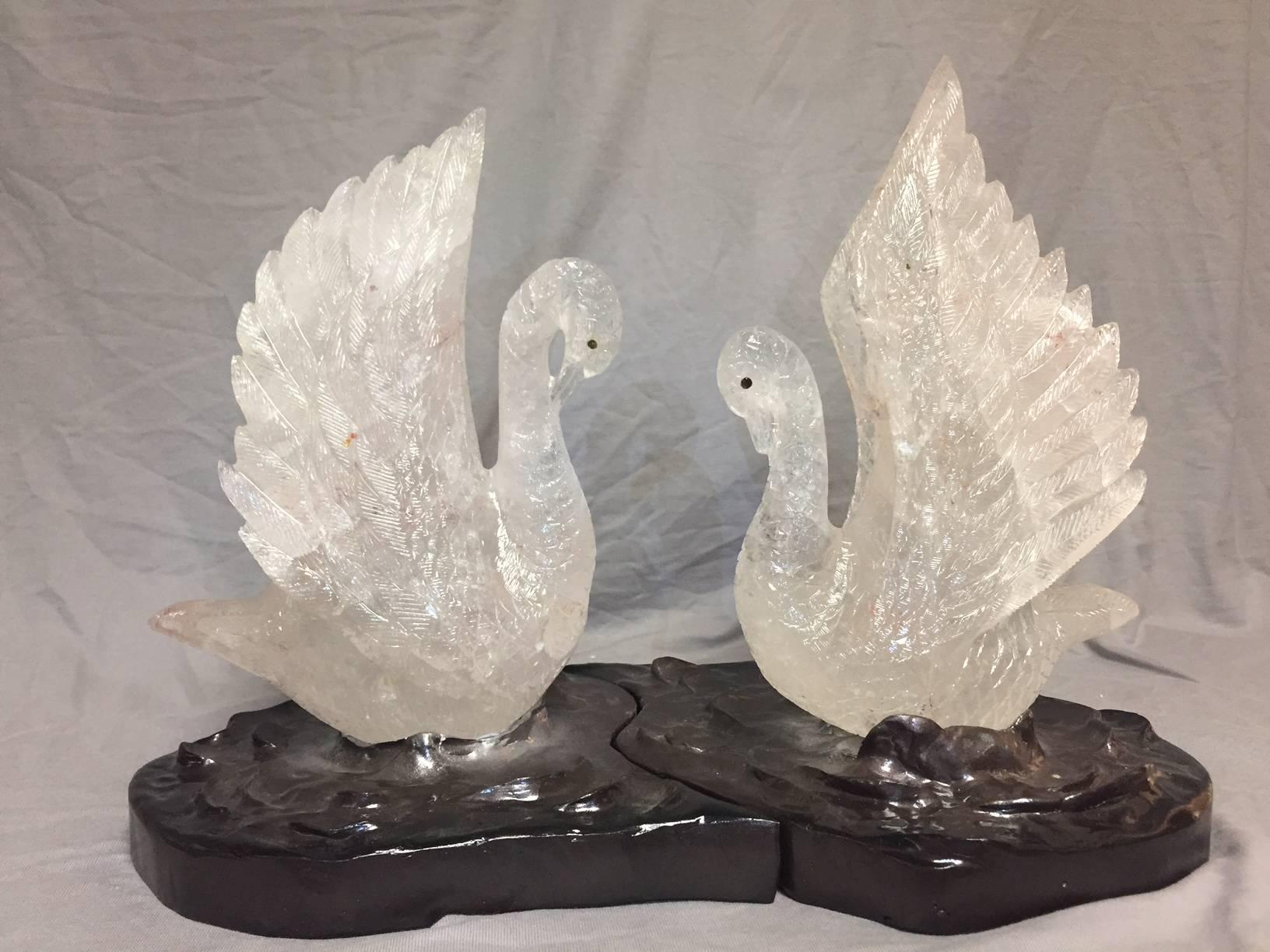 Hand-Carved Rock Crystal Swan Group in Pond Centerpiece, Modern Style For Sale