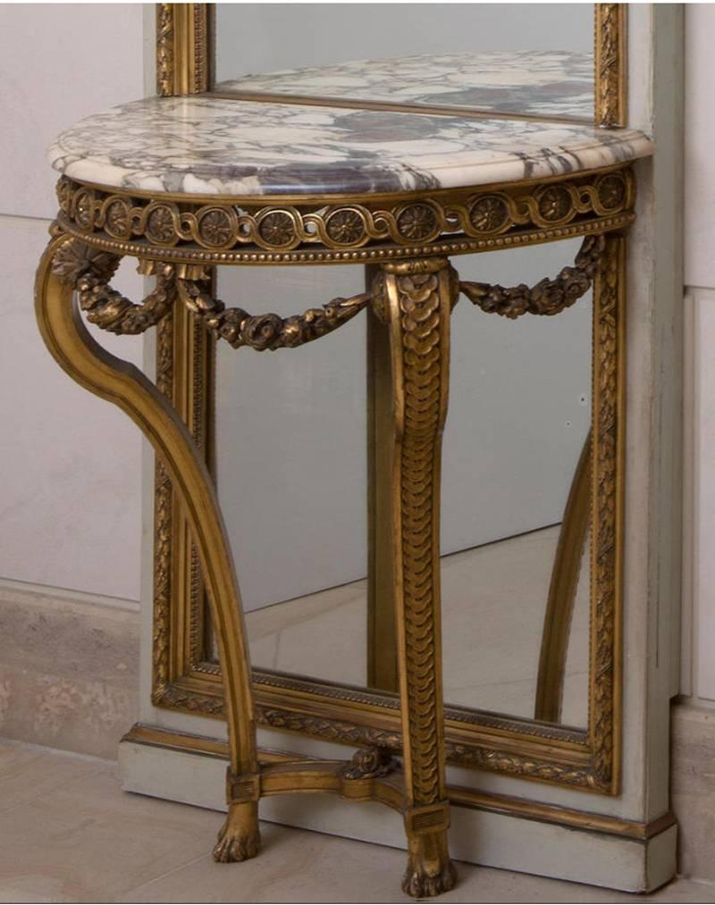 Louis XVI Paire de consoles et de miroirs français partiellement dorés et peints, 19ème siècle en vente