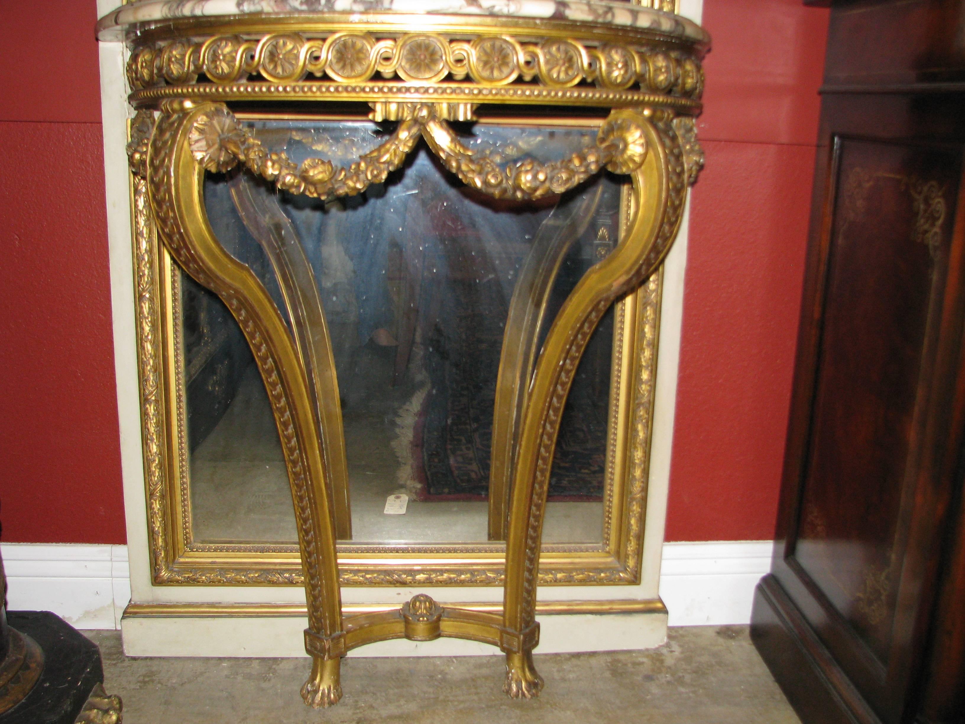 Pair of French Parcel-Gilt and Painted Consoles and Mirrors, 19th Century In Good Condition For Sale In Cypress, CA