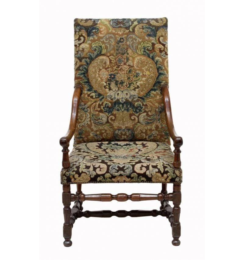 Large and impressive 19th century Louis XIII high-back carved walnut desk armchair with 18th century handmade Flemish tapestry upholstery.

Measure: Arm height is 25 inches.

 