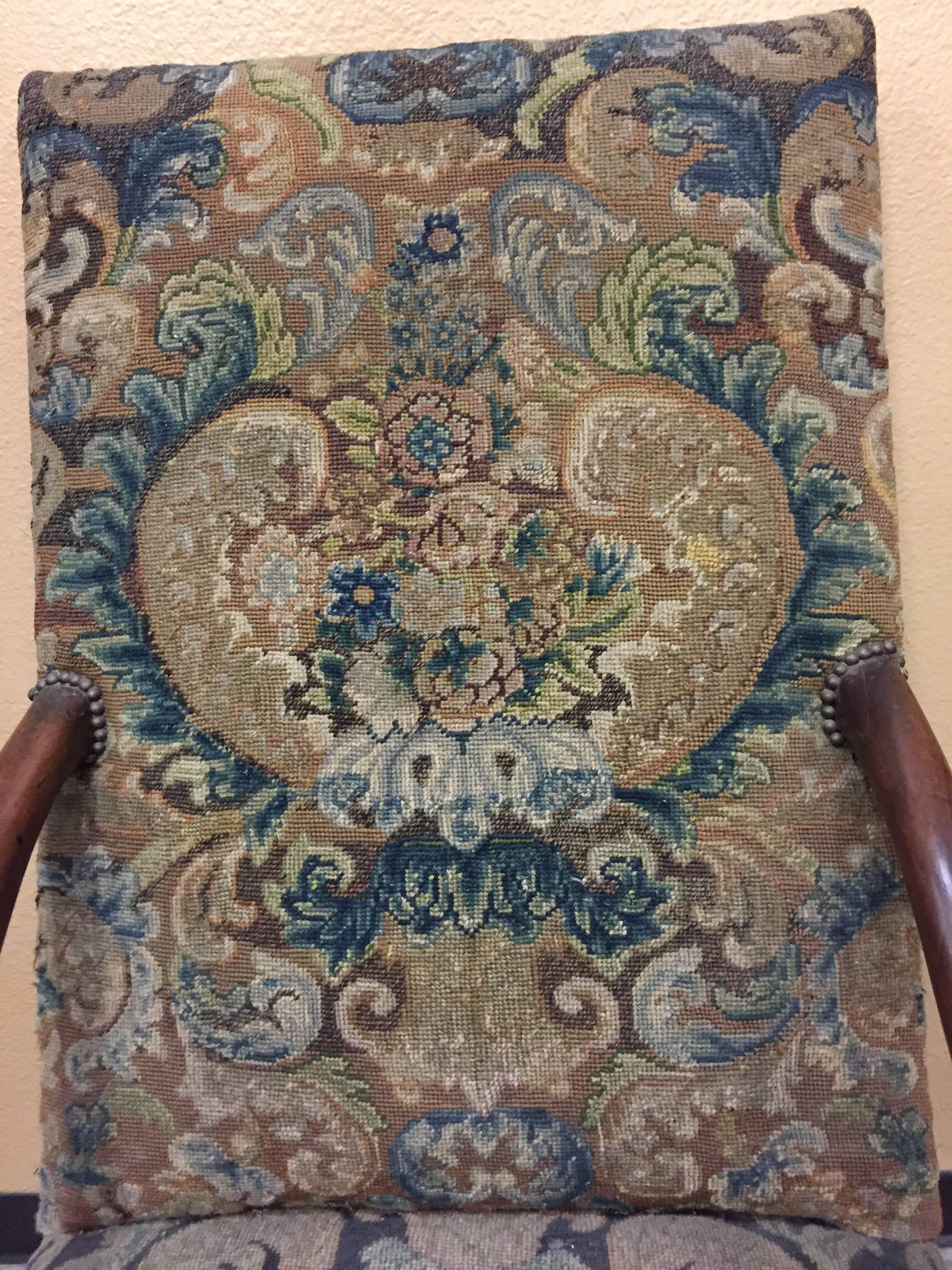 French Louis XIII Style Armchair with Tapestry Upholstery, 19th Century