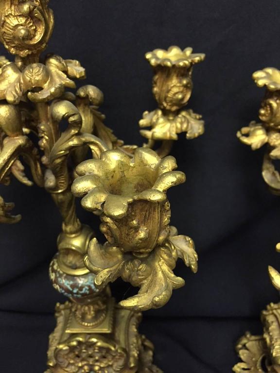 19th Century French Rococo Style Pair of Ormolu and Champleve Candelabra In Good Condition For Sale In Cypress, CA