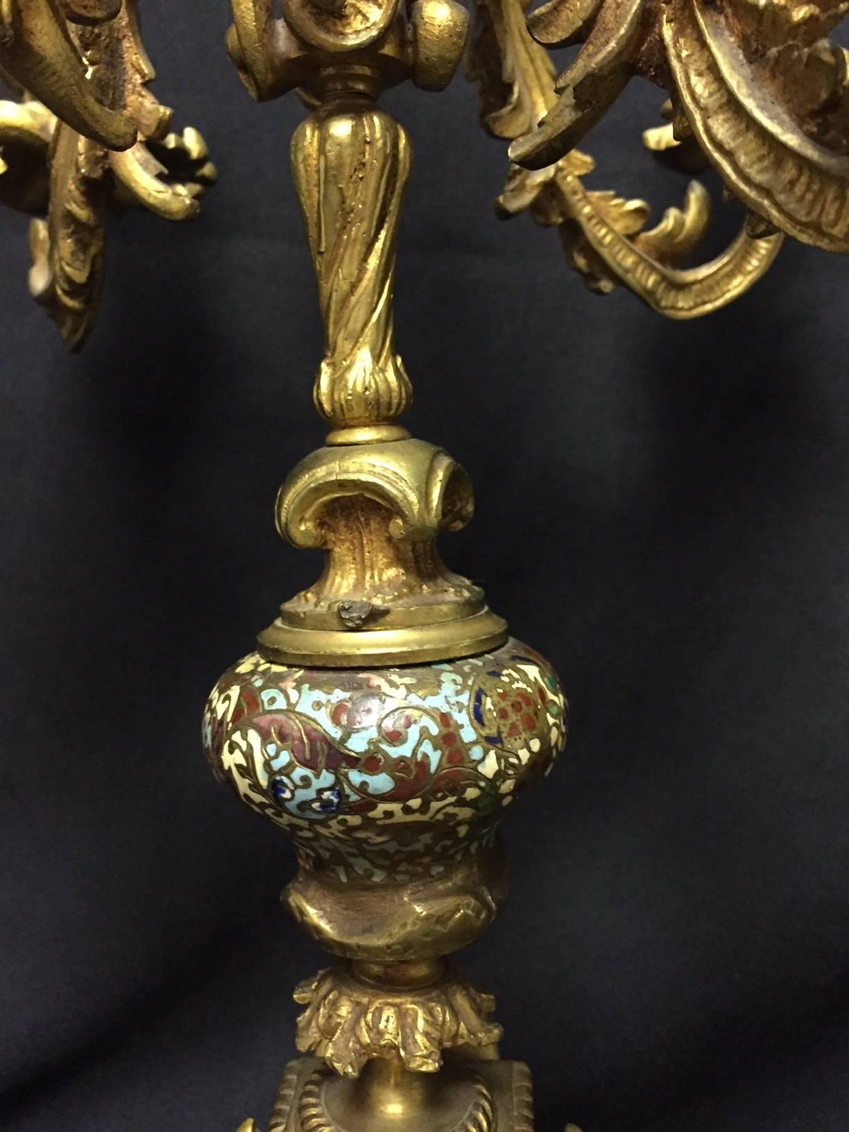 19th Century French Rococo Style Pair of Ormolu and Champleve Candelabra In Good Condition In Cypress, CA