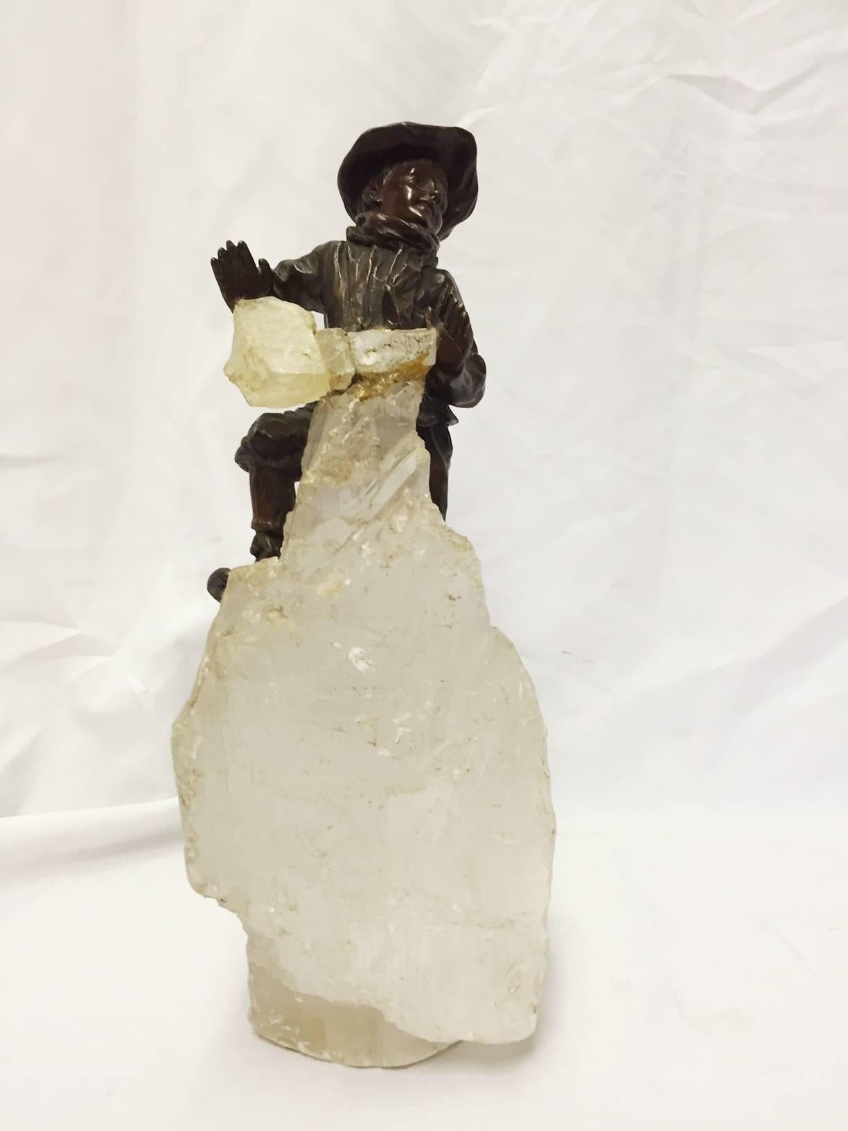 19th Century French Patinated Metal Boy Climbing Rock Crystal Mountain, 19 Century