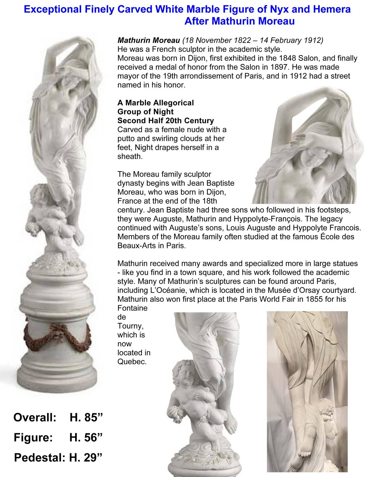 Fabulous continental (possibly Italian) finely carved white marble figure of Nyx, the Night Goddess of Greek mythology born of Chaos, flying over the clouds with a well carved child representing her son Hemera the Goddess of the Day who is palming