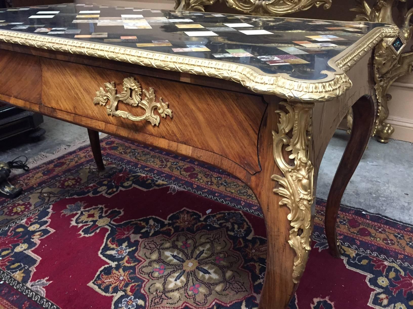 Carved  French Marble Inlay Topped Bureau Plat Desk, 19th Century