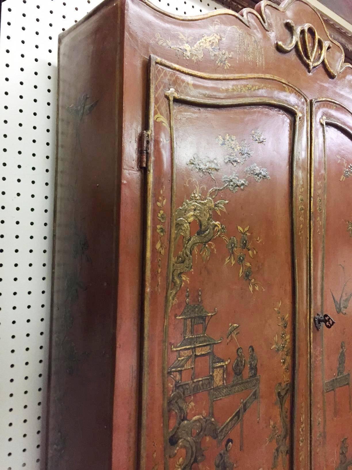 Hand-Painted Italian Rococo Style Chinoiserie Secretary Bookcase Cabinet, 19th Century