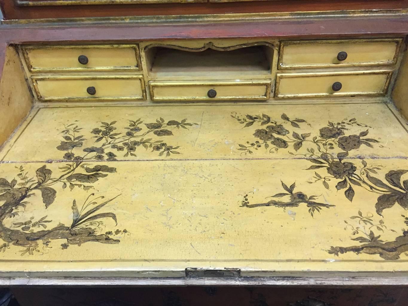 Italian Rococo Style Chinoiserie Secretary Bookcase Cabinet, 19th Century 1