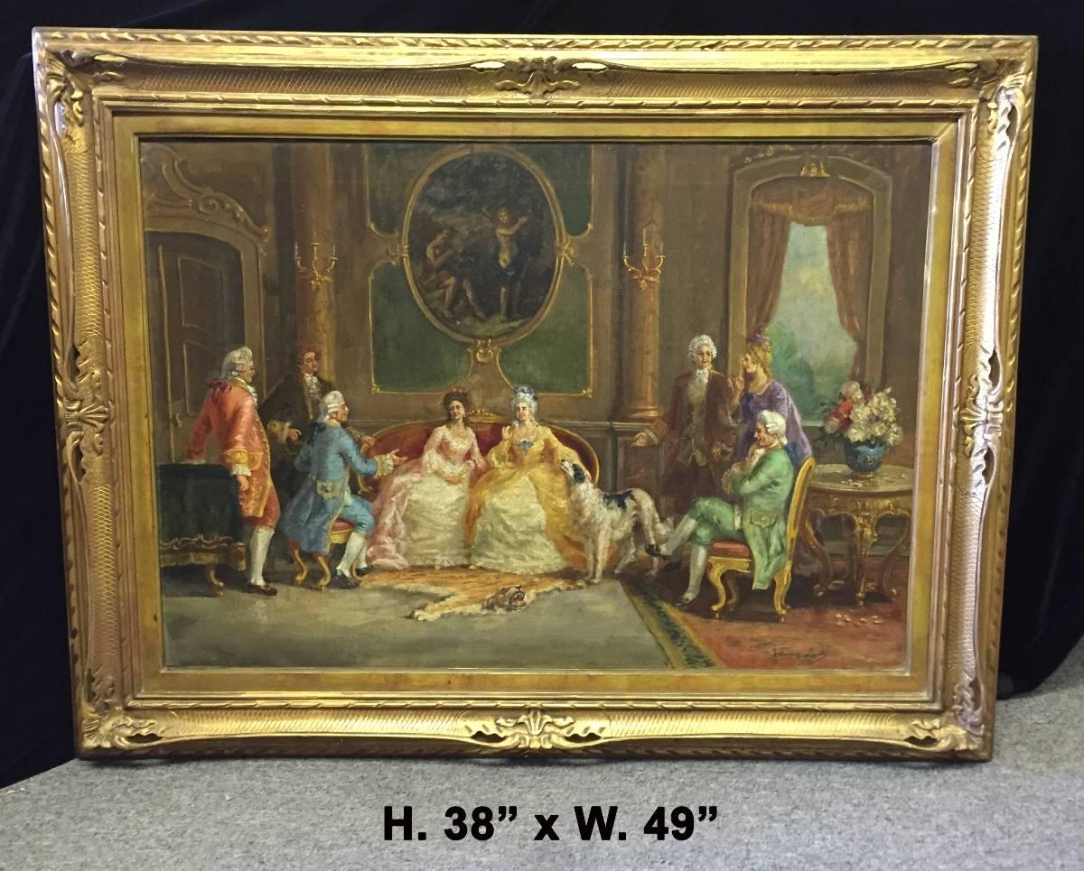 Imposing pair of 20th century signed French oil on canvas each of Salon scene of French royal family, signed Velazquez Lindy. The oil on canvases are bordered by their original carved giltwood frames.

 