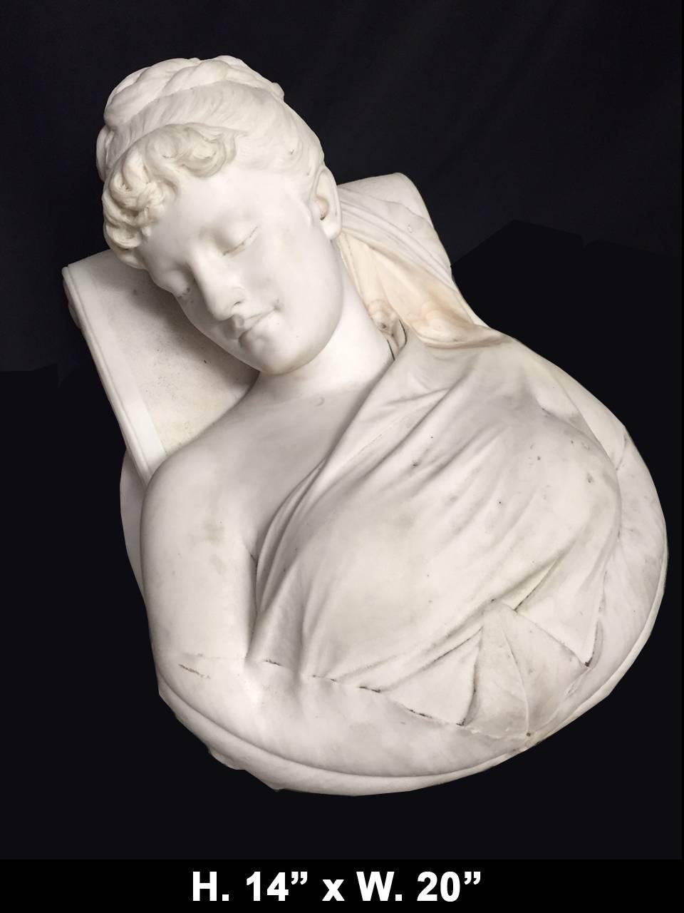 Extremely fine 19th century Italian carved marble bust of a resting maiden. Raise your attention towards the meticulous attention to detail the artist exhibited on the face.


 