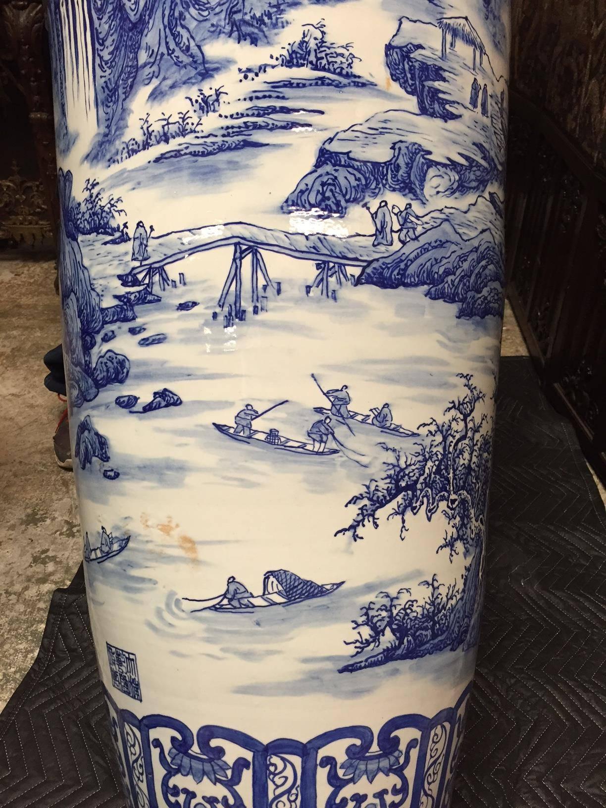 Hand-Painted Massive Pair of Chinese Blue and White Porcelain Vases, Signed
