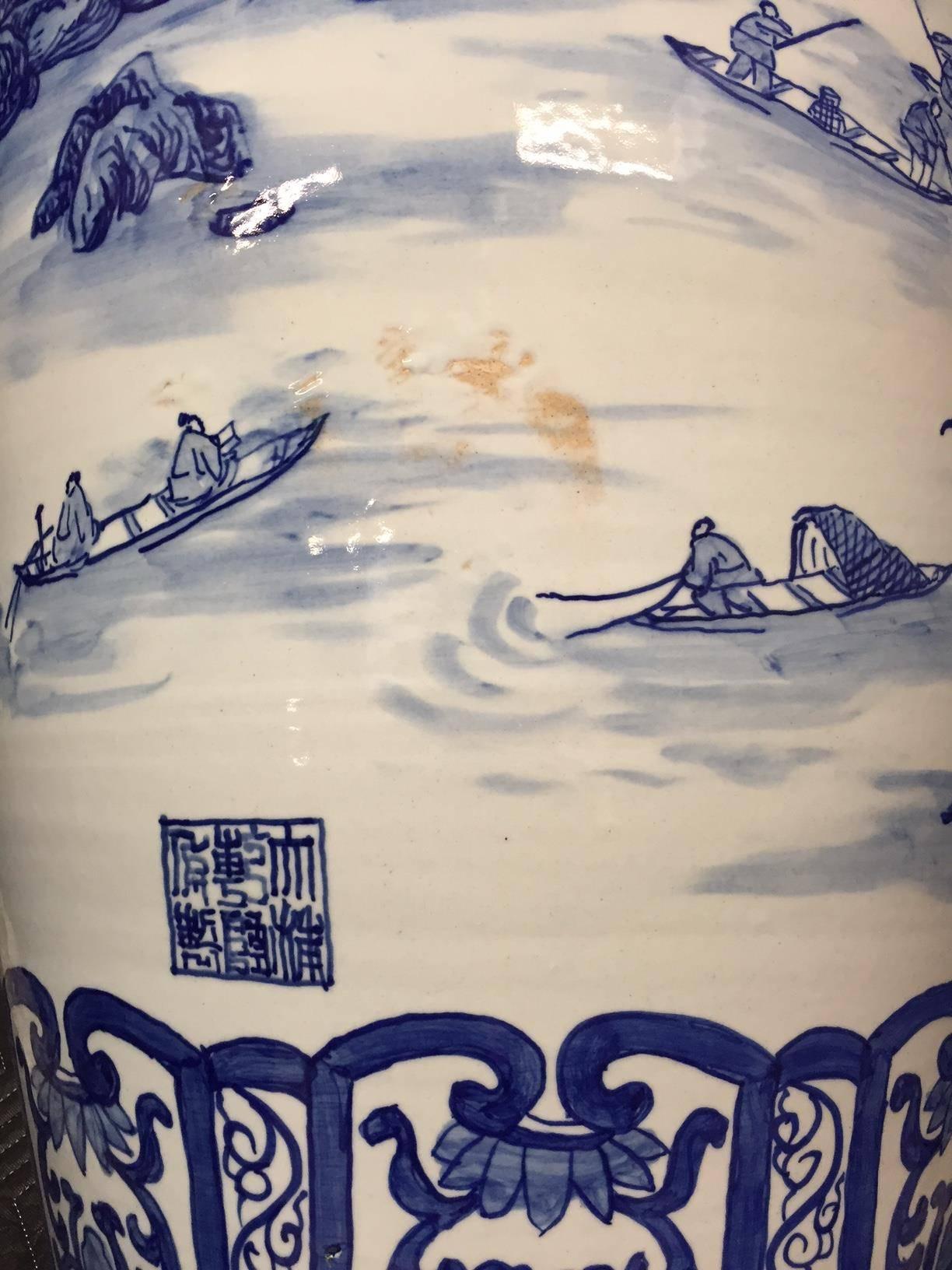 Massive Pair of Chinese Blue and White Porcelain Vases, Signed In Excellent Condition In Cypress, CA