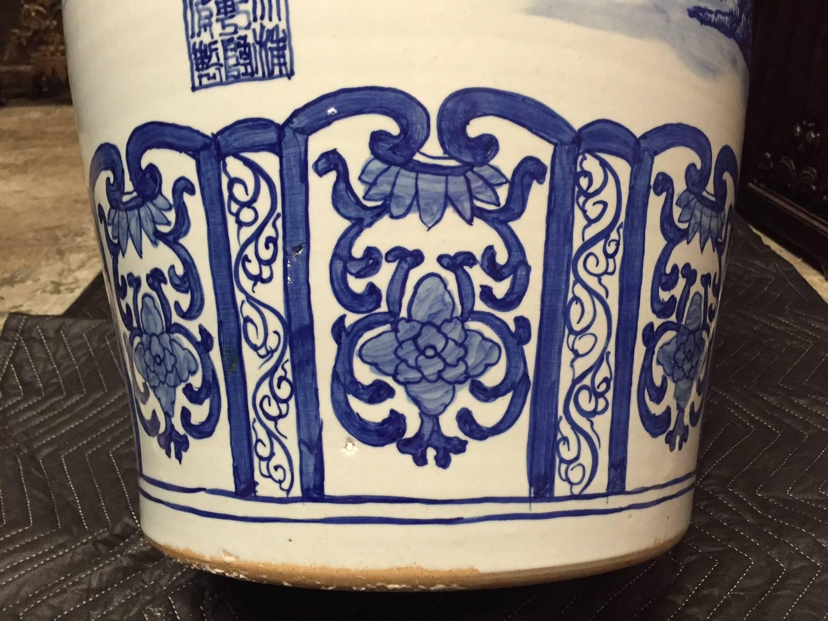 20th Century Massive Pair of Chinese Blue and White Porcelain Vases, Signed