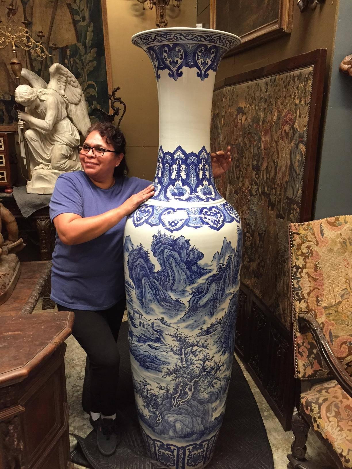 Massive Pair of Chinese Blue and White Porcelain Vases, Signed 2