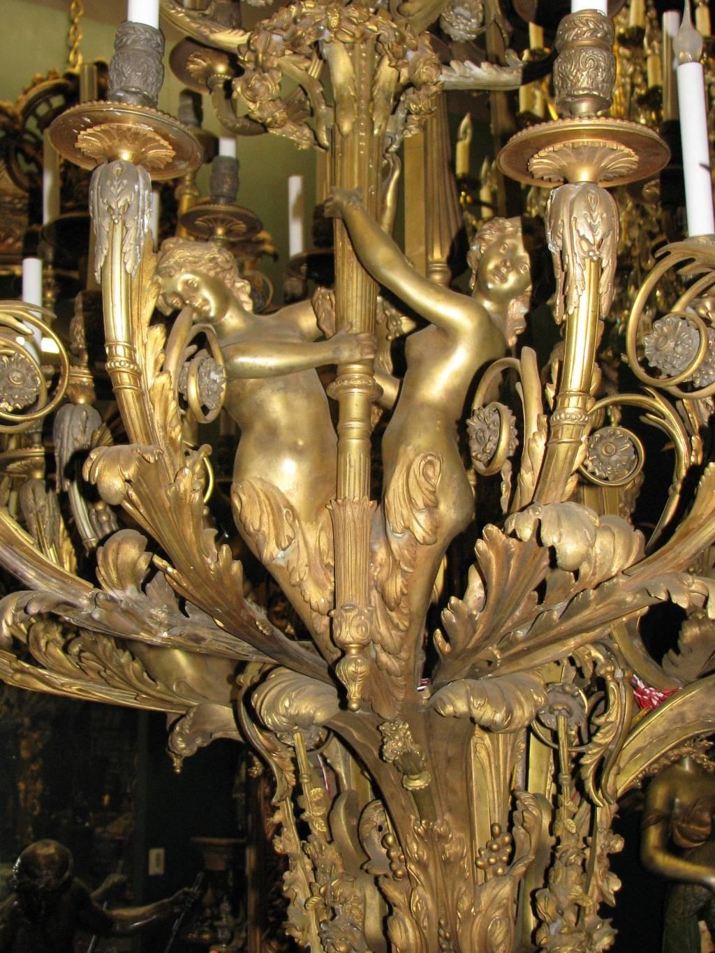 French Louis XV Style Bronze Figural Thirty-Nine-Light Chandelier