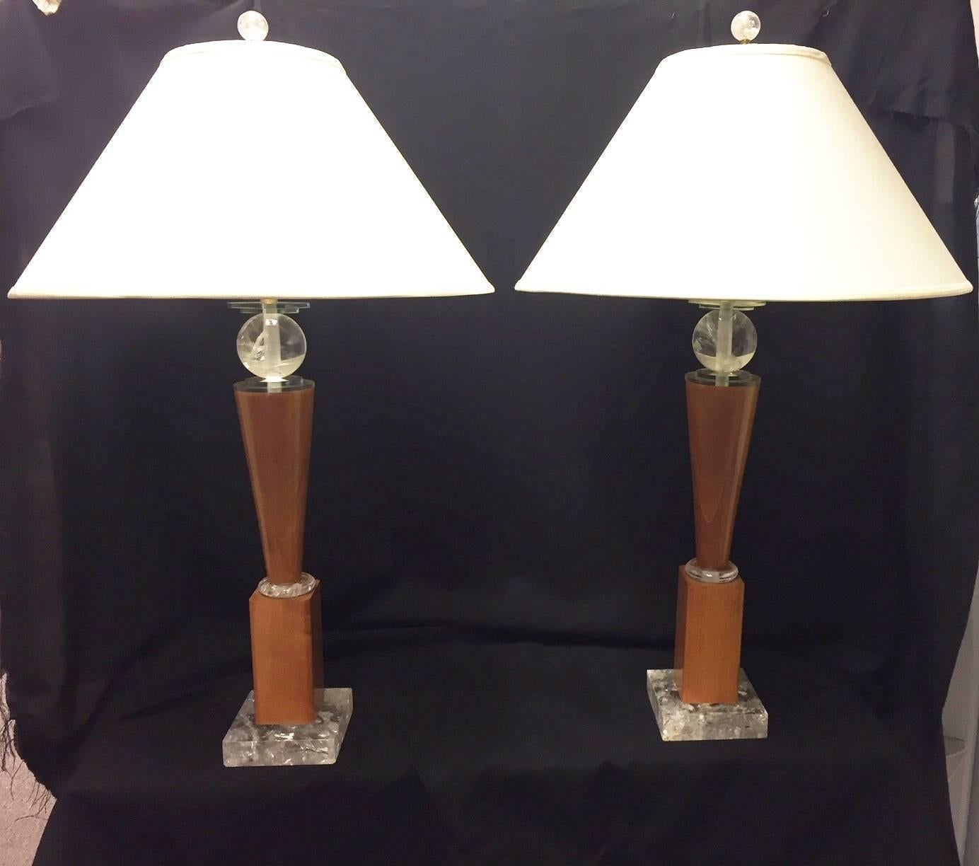 20th Century Pair of Modern Rock Crystal and Wood Lamps with Dupioni Silk Shades