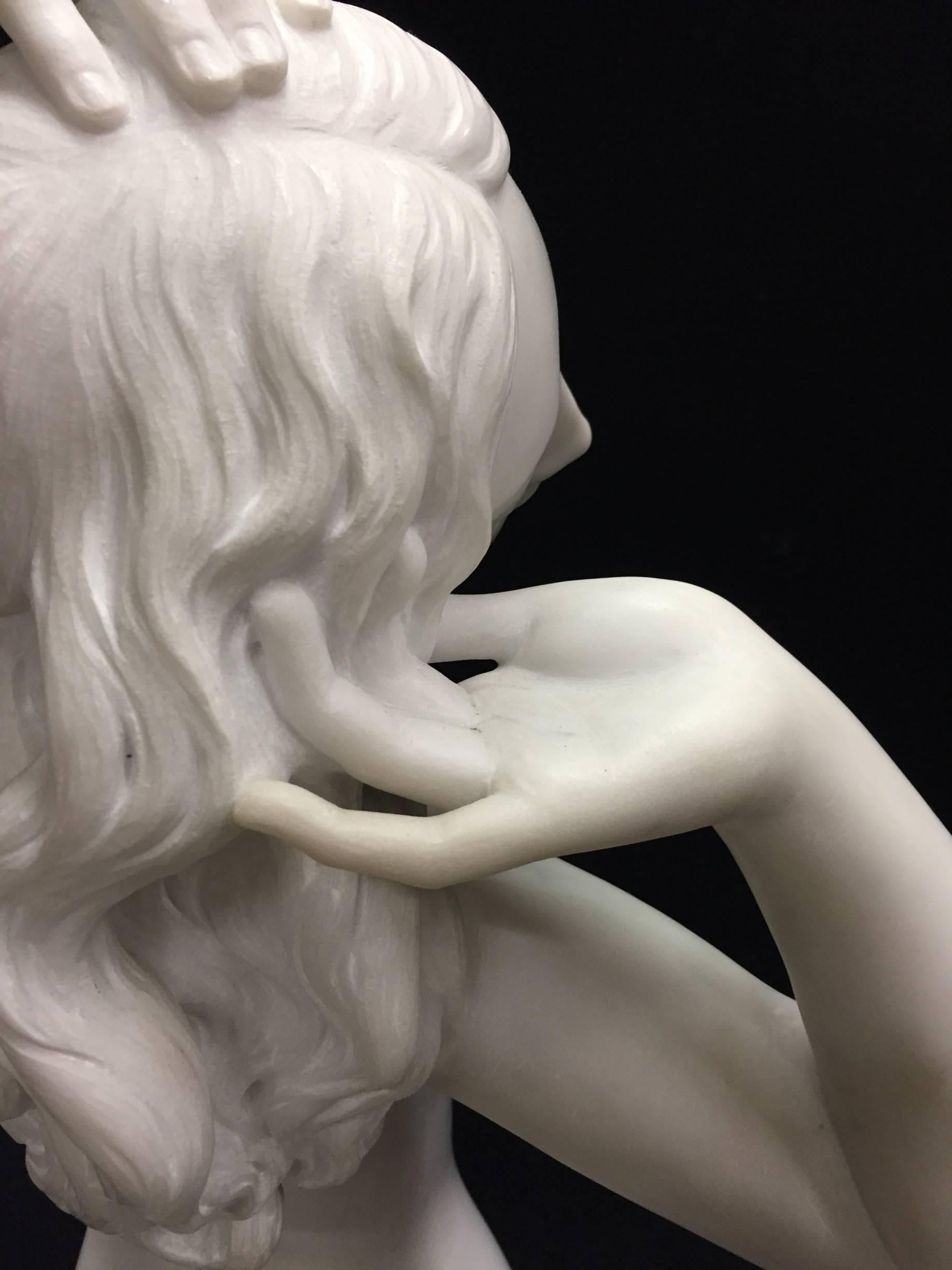 Hand-Carved Italian Carved White Marble Nude Figure in an Ocean Wave