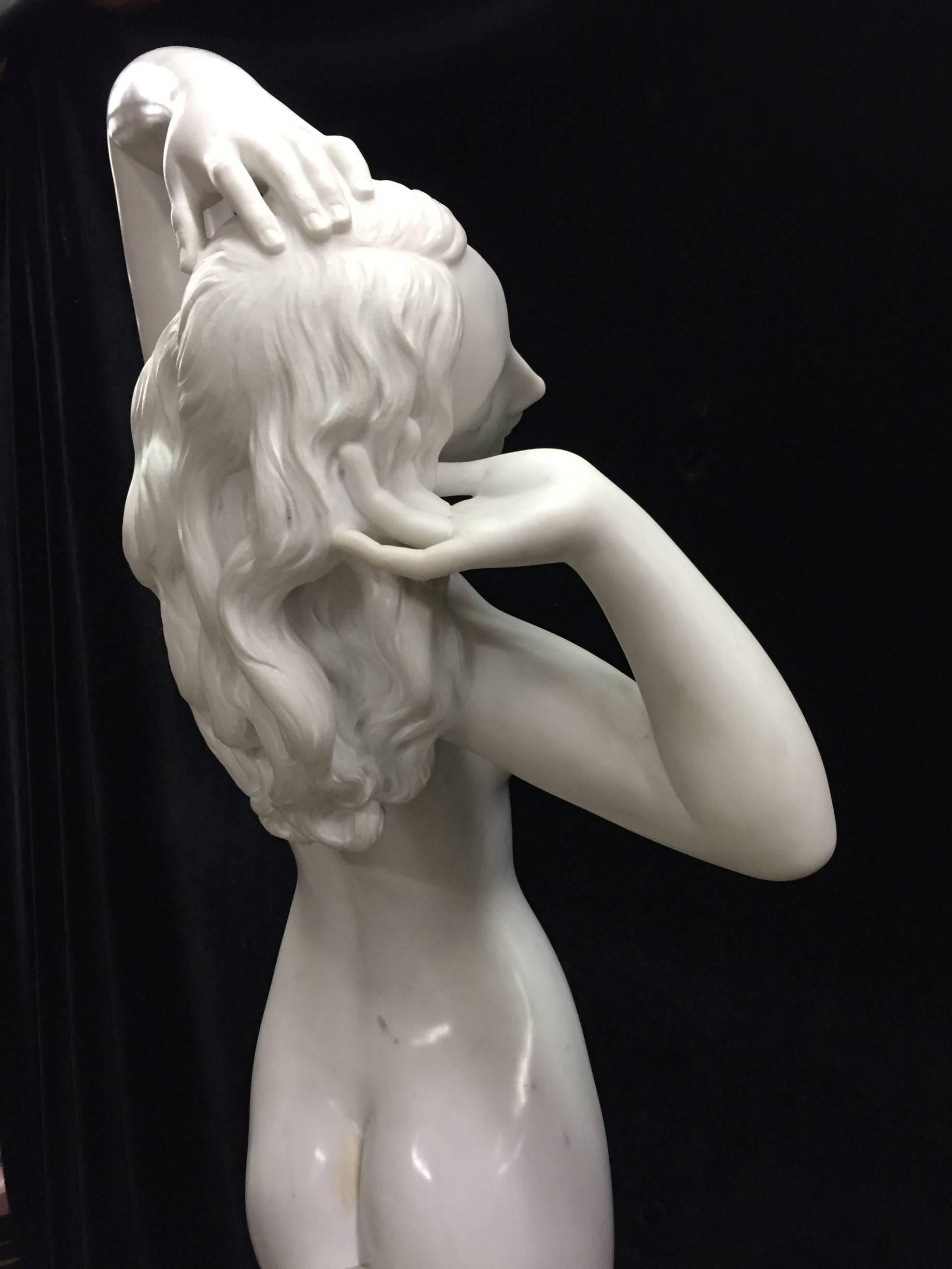 20th Century Italian Carved White Marble Nude Figure in an Ocean Wave