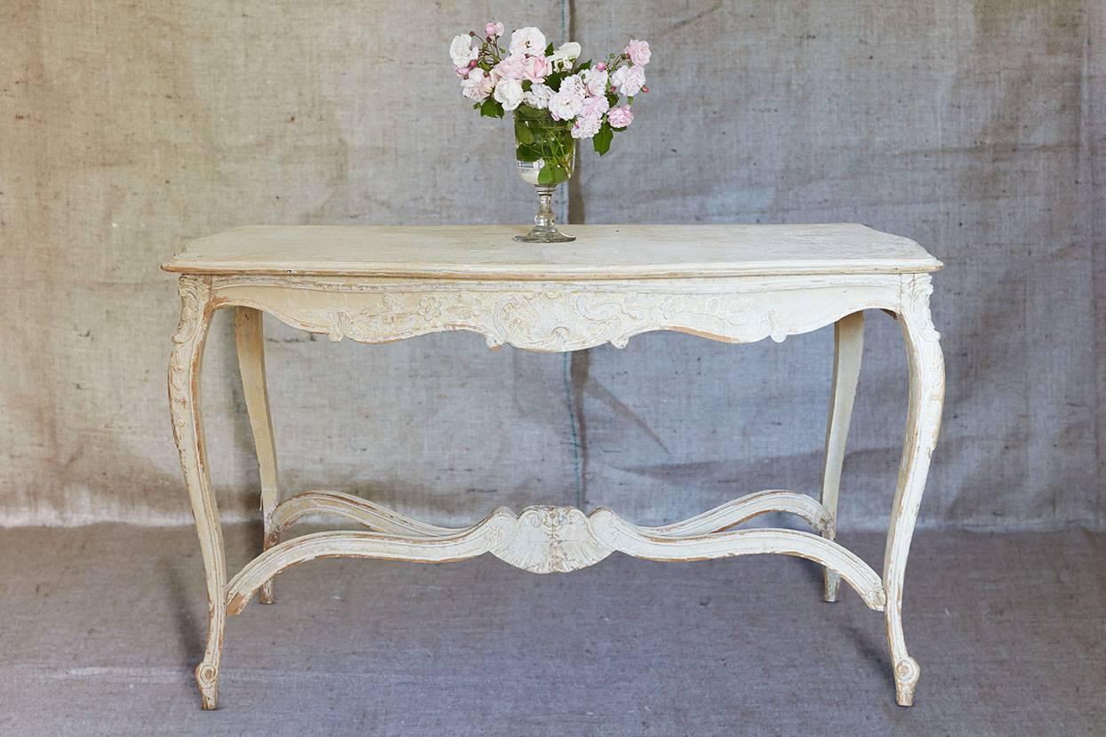 A charming 19th century French table with carved wood shell and flower detailing (typical Rococo or 