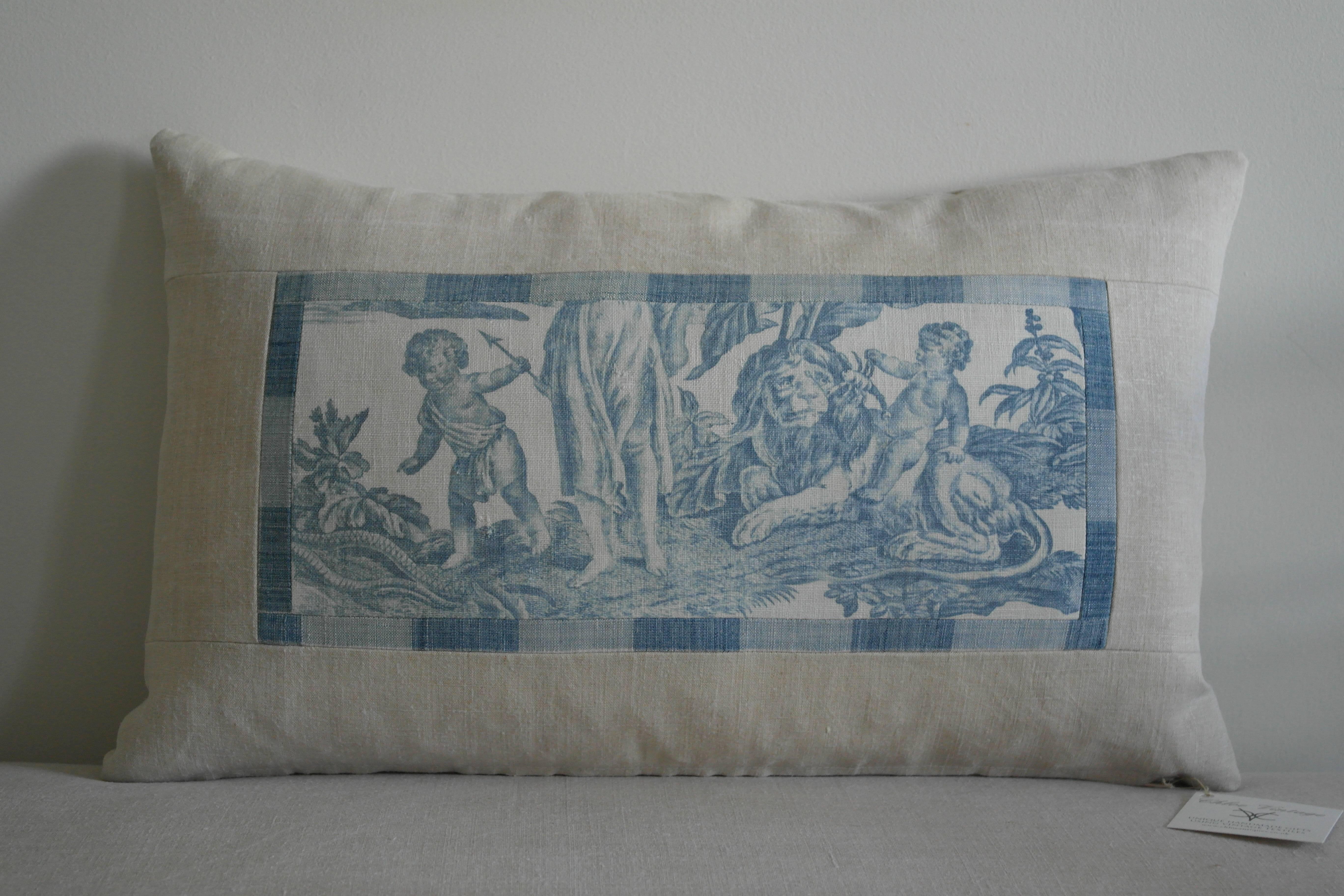 A pillow made from a panel of a rare late 18th century French linen toile called the ‘The Four Continents’ designed by Jean-Baptiste Huet. The central scene is charming - a naughty boy is dangling a lobster in front of a bemused if somewhat cross
