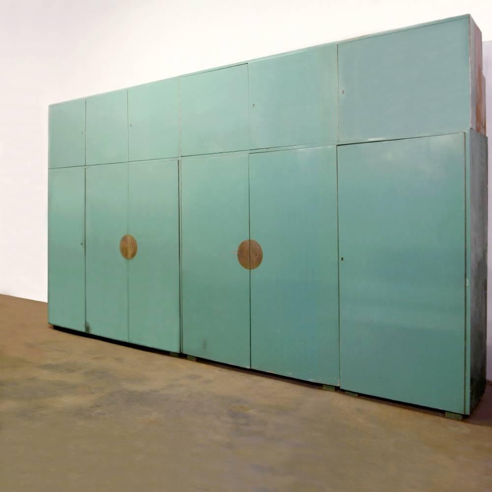 Rare extra-large built-in wardrobe in museum quality. Original celadon green lacquer finish with wonderful patina. A custom-made unique piece from a villa in Prague 6 area, Prague.