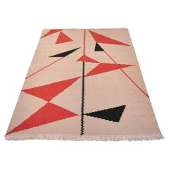 Mid-Century Modern Kelim Rug, Hand Woven Wool, Geometric Decoration, circa 1950