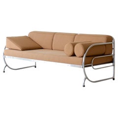 Art Deco Tubular Steel Couch, Plated Metal, Fabric/ Leather Upholstery, ca. 1930