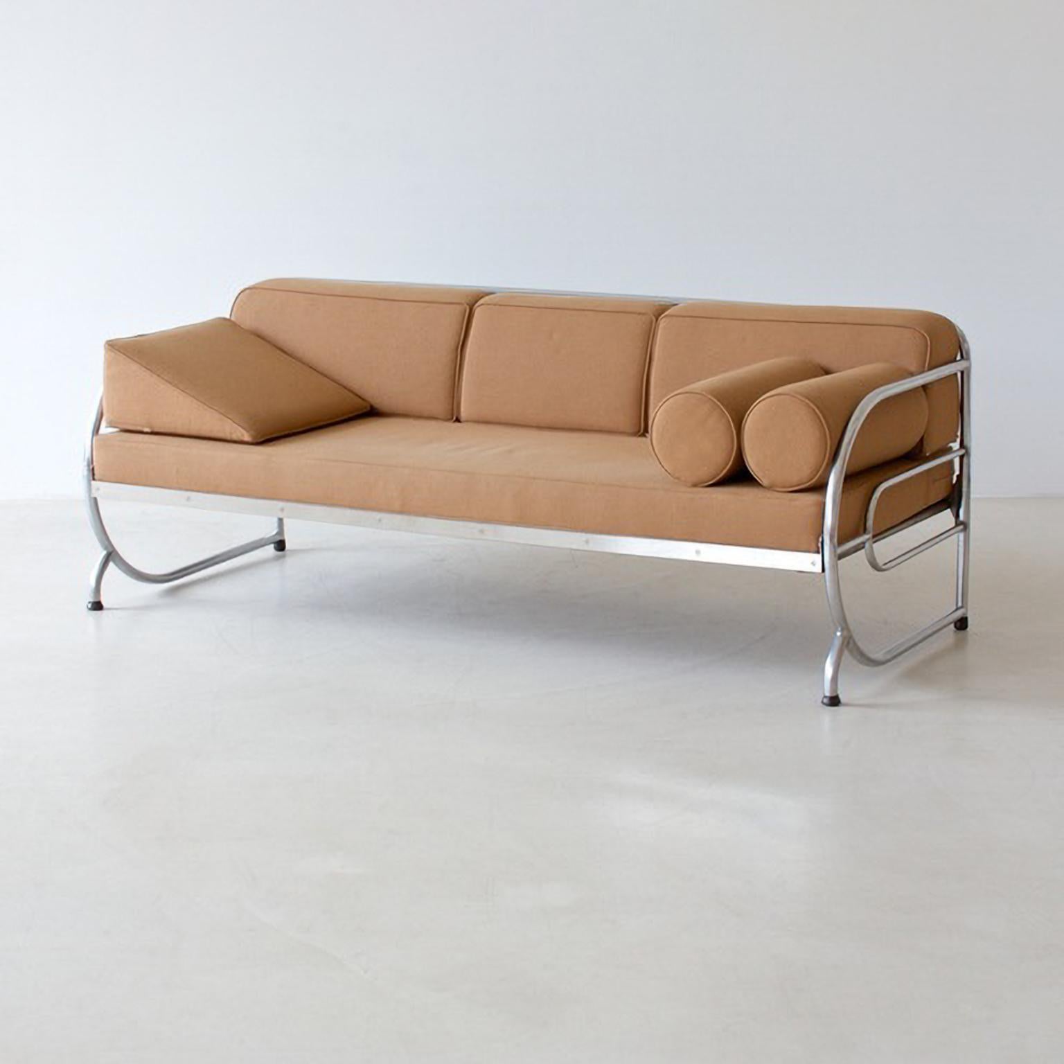 Art Deco Stahlrohrsofa, verchromtes Metall, Stoff/Lederpolsterung, ca. 1930 (Art déco) im Angebot
