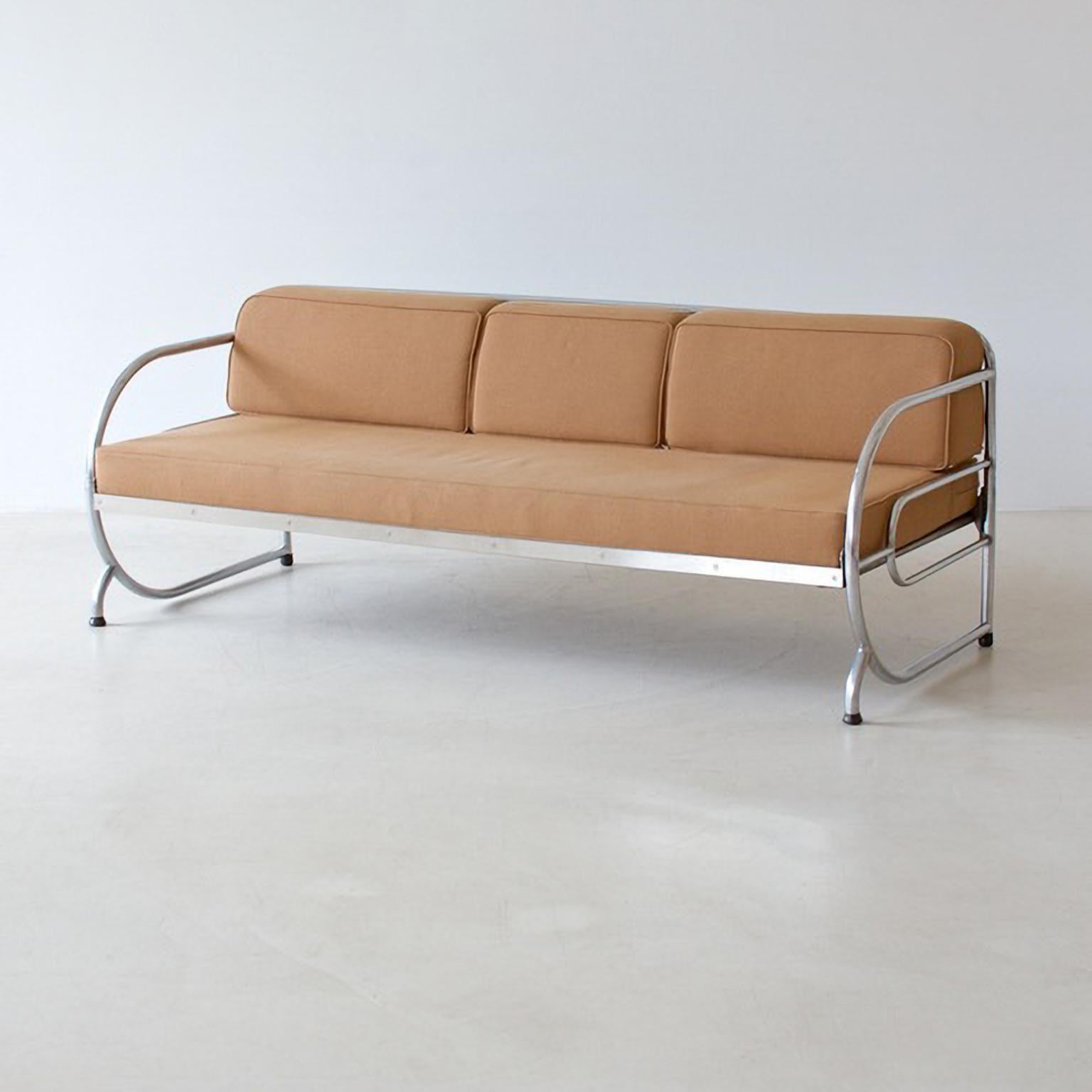 Art Deco Stahlrohrsofa, verchromtes Metall, Stoff/Lederpolsterung, ca. 1930 (Deutsch) im Angebot