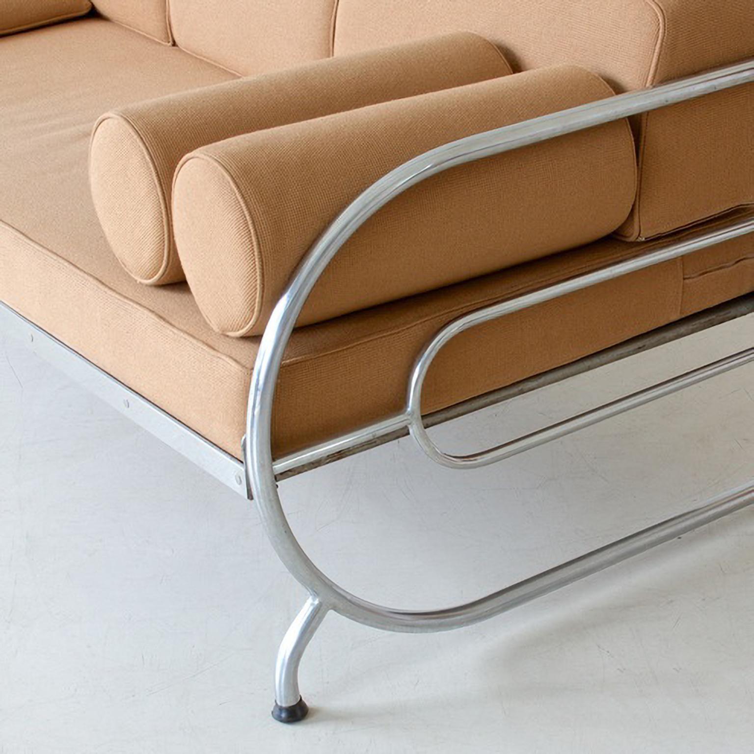 Art Deco Stahlrohrsofa, verchromtes Metall, Stoff/Lederpolsterung, ca. 1930 (Mitte des 20. Jahrhunderts) im Angebot