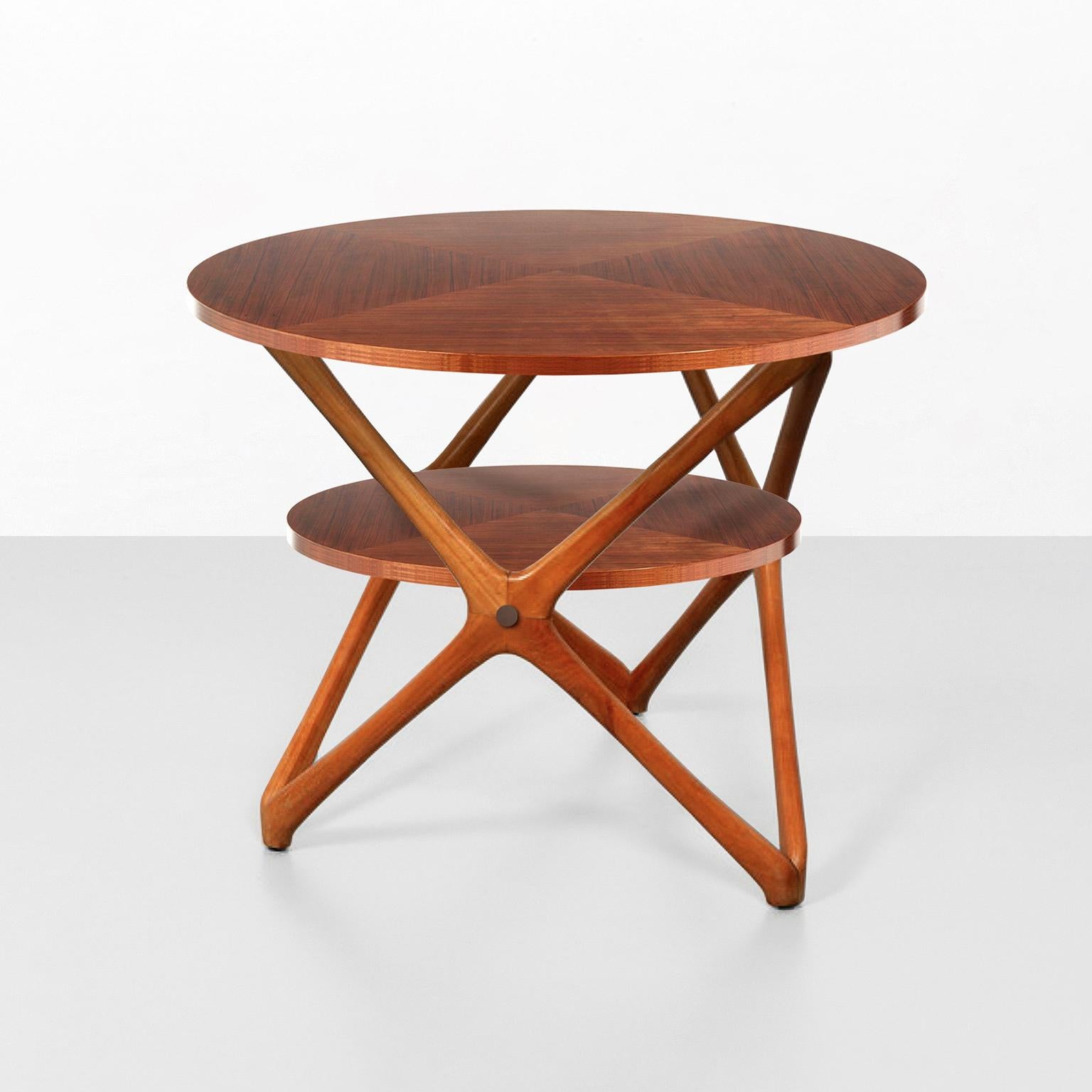 Modern Round Side Table With Geometric Solid Wood Frame And Two Tops, Customizable For Sale