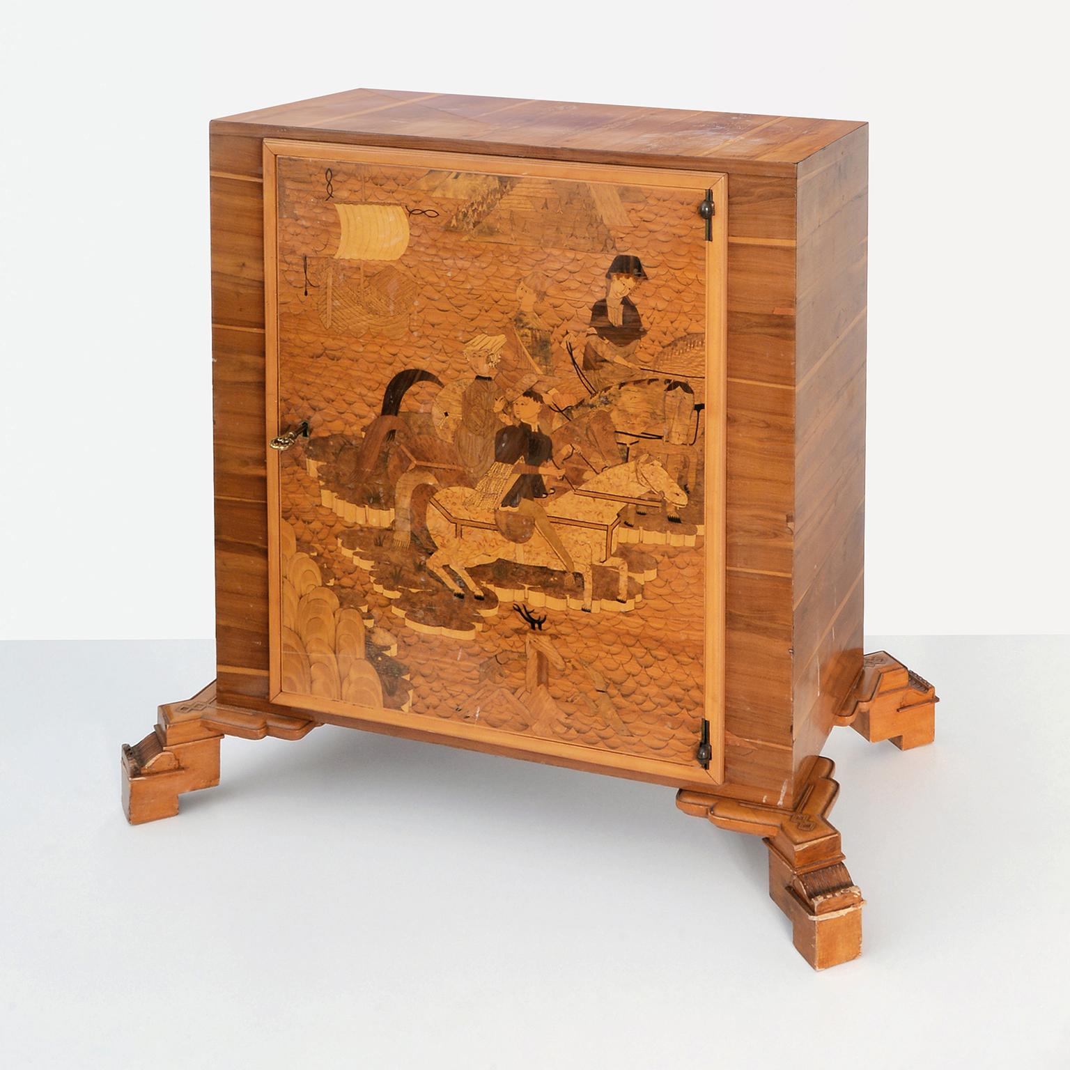 Unique low cabinet with intarsia designed by the architect, artist and craftsman Viktor Lurje (1883-1944) and manufactured by Wiener Werkstätte GmbH, circa 1926. Together with Oskar Strnad, Josef Frank and Oskar Wlach, Viktor Lurje is one of the