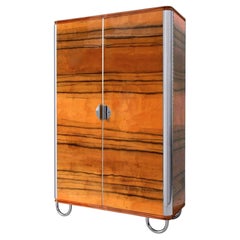 Bespoke Modernist Two-Door Wardrobe High-Gloss Wood Veneer Chromed Steel Details