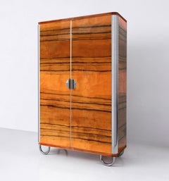 Bespoke Modernist Two-Door Wardrobe High-Gloss Wood Veneer Chromed Steel Details